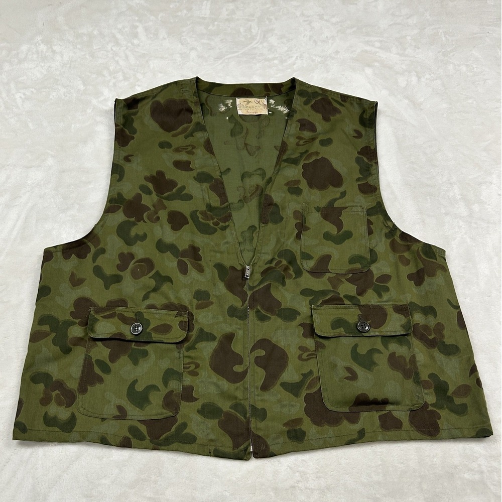 Foremost Hunting Vest Mens L Green Duck Hunter Camo Zip Front Vintage Penneys